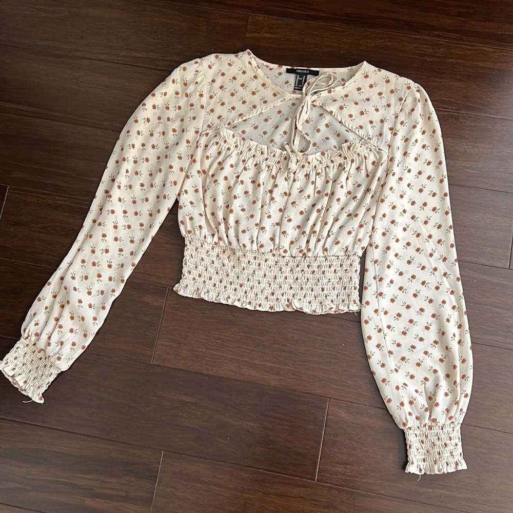 Cropped Floral Neck Tie Blouse